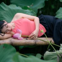 A woman sleeps among lotus leaves and flowers.