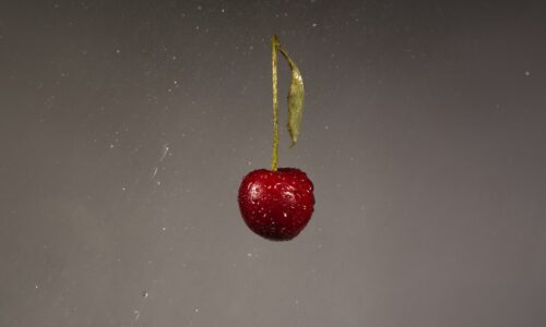 A red apple hanging from a string in the air