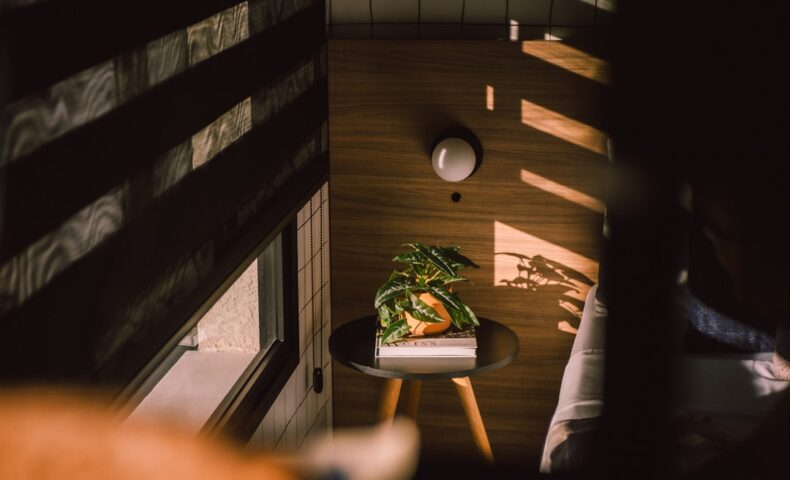 a small table with a potted plant on top of it