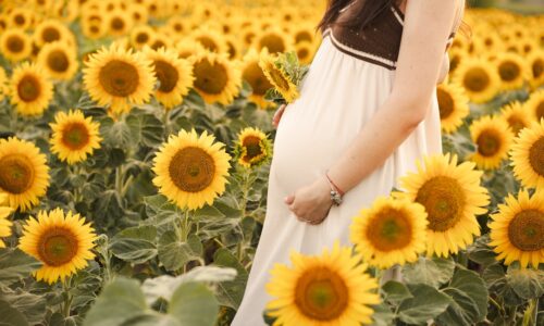 Pregnant woman poses in a field of sunflowers.