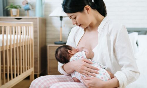 授乳中の母親が赤ちゃんを優しく抱きながら母乳を与えているシーン